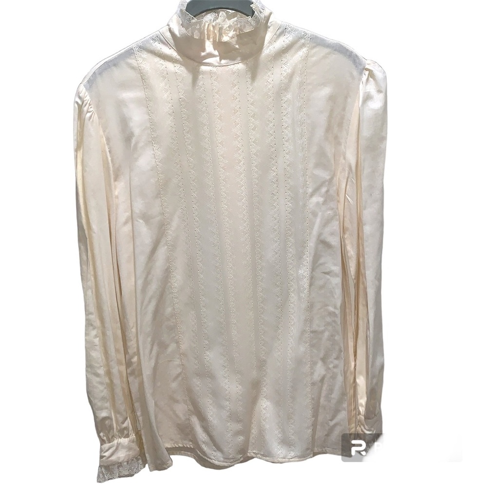 Halston lll VTG 80s Long Sleeve Ivory Blouse Lace Stand-up Collar Lace Trim Sz 8
